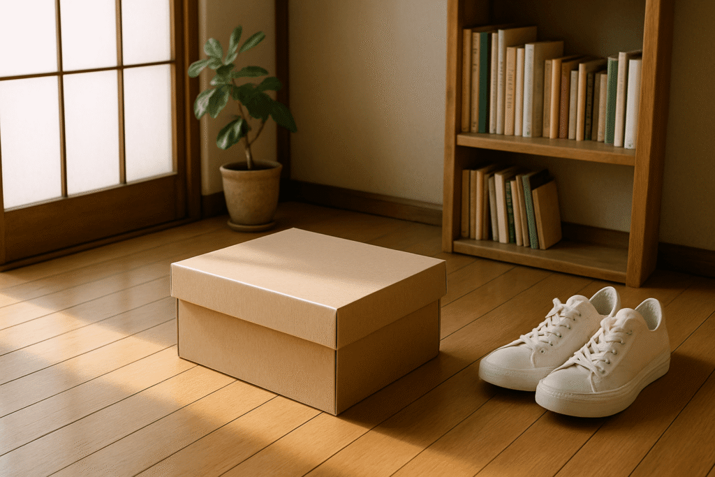 和室の床に置かれたフタ付き段ボール箱と白いスニーカー。自然光が差し込み、落ち着いた雰囲気の中で発送や保管をイメージさせる
