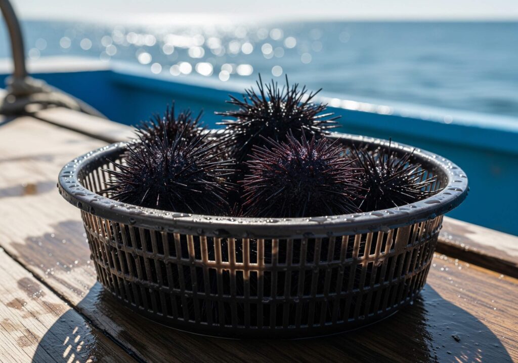 海上の船の上で、カゴに入った黒ウニが太陽の光に照らされている。水揚げ直後の海の恵み。