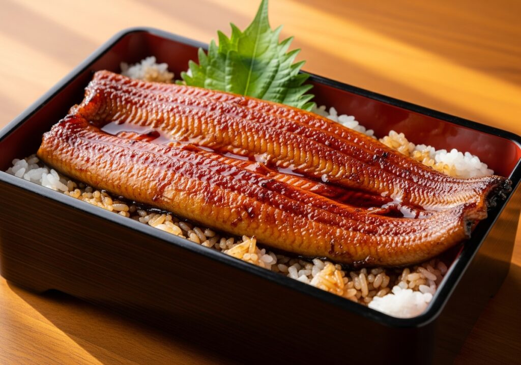 丸ごと1尾のうなぎ蒲焼がごはんの上に豪快に乗せられたうな重。艶やかなタレが全体にかかっていて、青じその葉が添えられている。