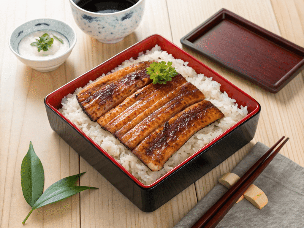 うなぎの蒲焼をごはんに乗せたうな重が和風の食卓に並べられ、汁物や小鉢と一緒に提供されている和食セット。