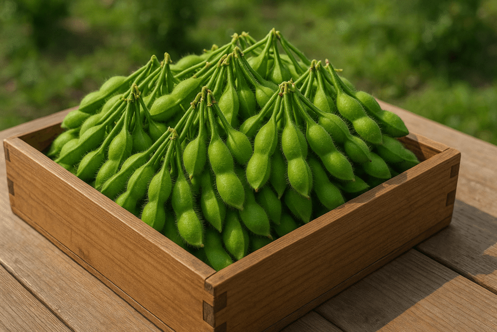 収穫されたばかりの枝豆を束のまま木箱に丁寧に並べた産地直送のイメージ