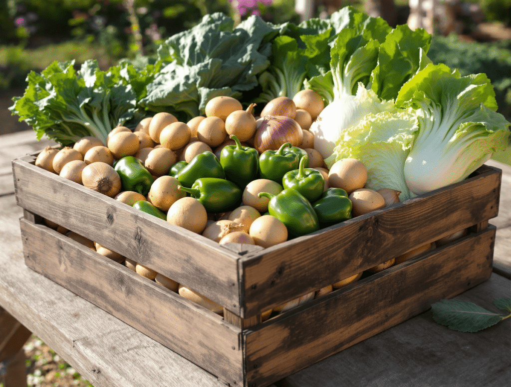 産地直送の新鮮な野菜（じゃがいも・玉ねぎ・ピーマン・白菜など）が木箱にぎっしり詰まった詰め合わせイメージ