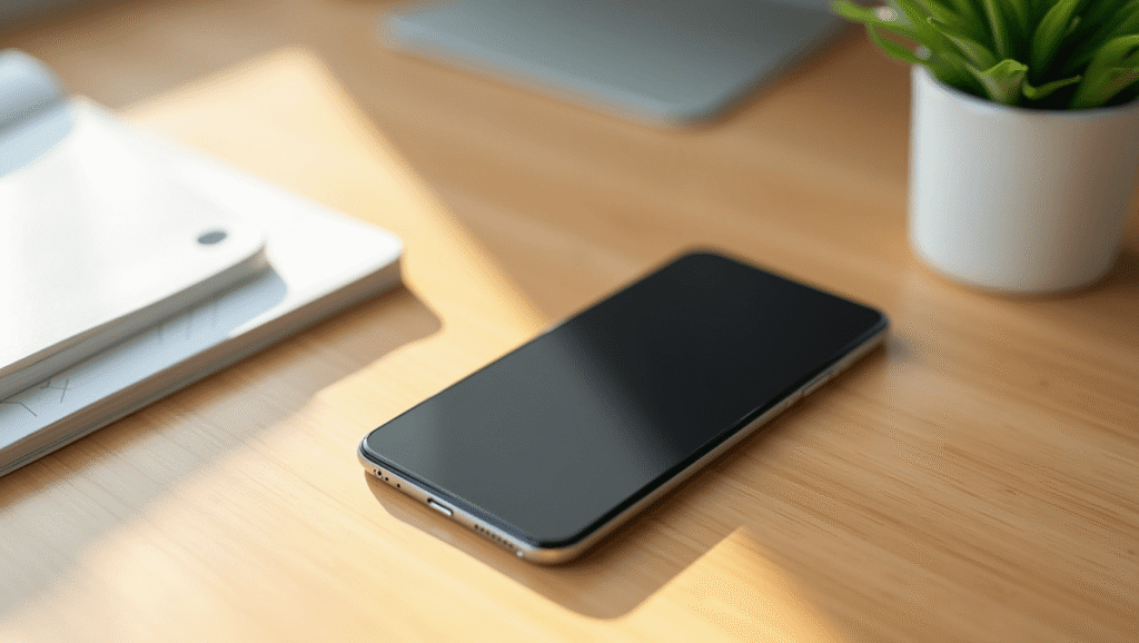 木製デスクの上に横向きで置かれた黒い画面のスマートフォン。横には白いノートと観葉植物が並んでいる。
