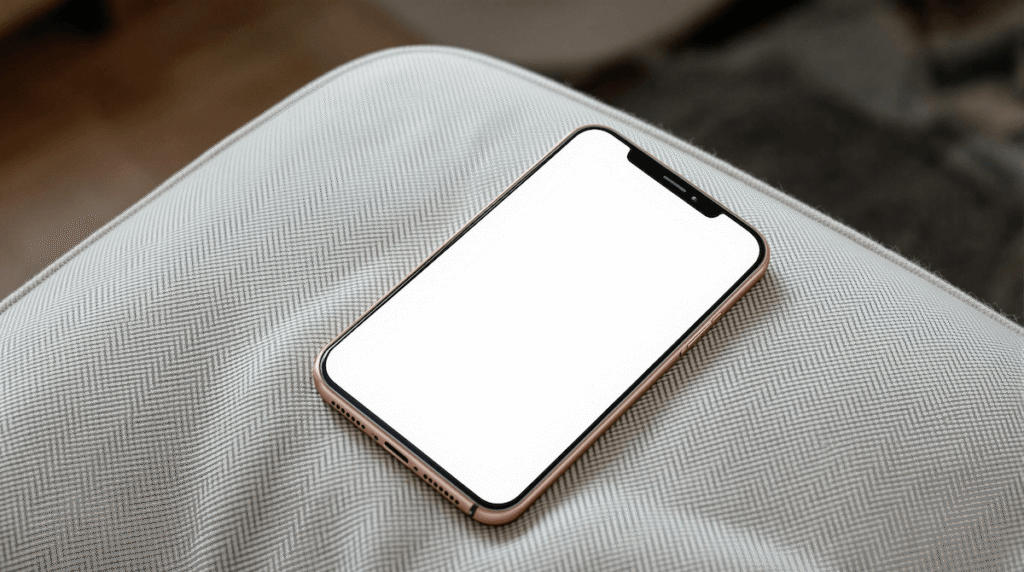 生地クッションの上に斜めに置かれた白い空白画面のローズゴールドスマートフォンのイメージ