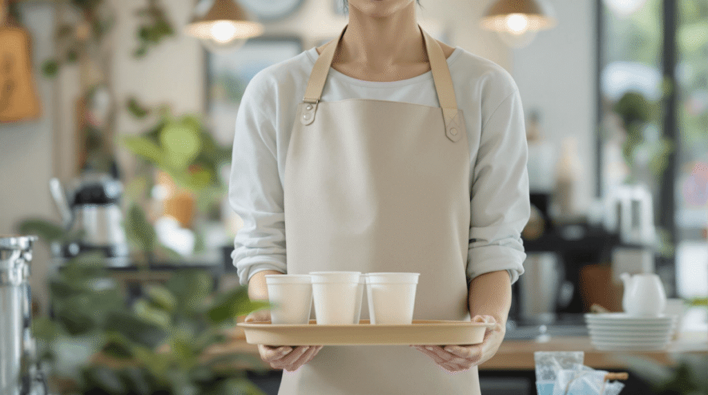 カフェでドリンクを運ぶアルバイトスタッフの女性のイメージ写真