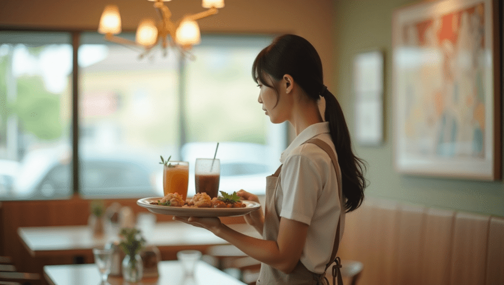 飲食店で料理とドリンクを運ぶホールスタッフの女性アルバイトのイメージ写真