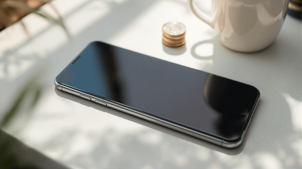 小さなコインの山とコーヒーマグの横にスマートフォンを並べたデスク上の家計管理イメージ