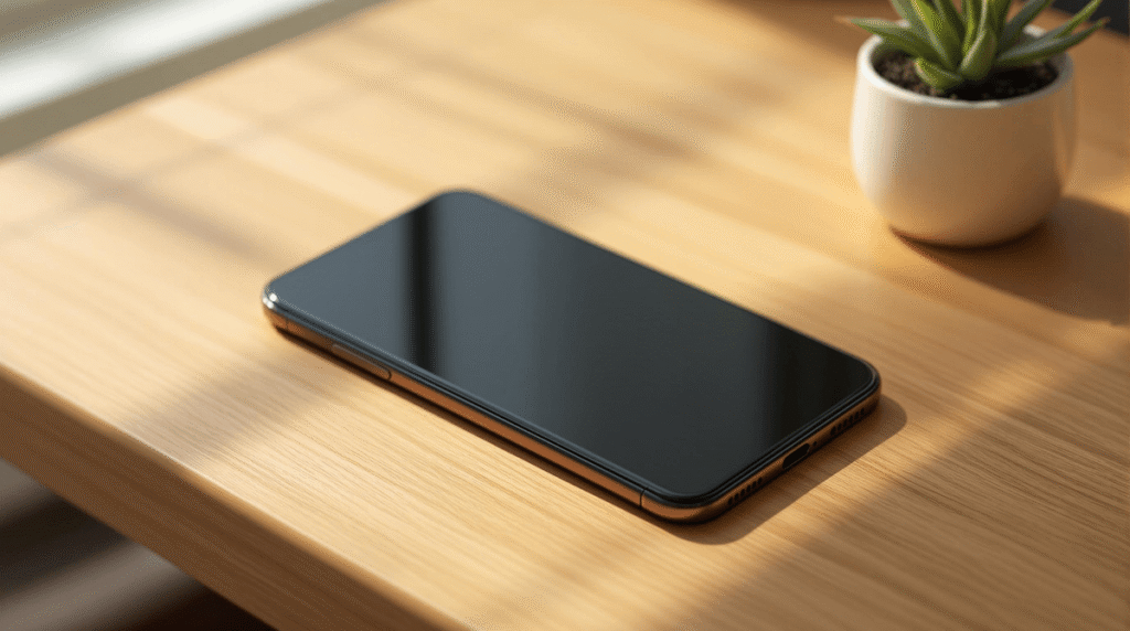 観葉植物の鉢と並べて木製デスクに置かれた黒い画面のシンプルなスマートフォンのイメージ