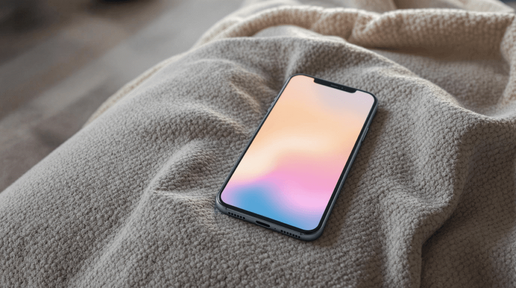 柔らかなブランケットの上に斜めに置かれたカラフルな待受画面のスマートフォンのイメージ