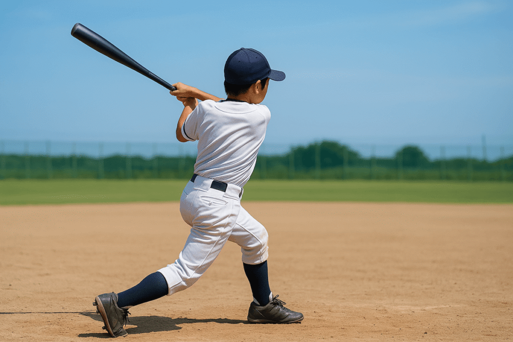 野球のユニフォームを着た少年がバットを振って打席に立っている