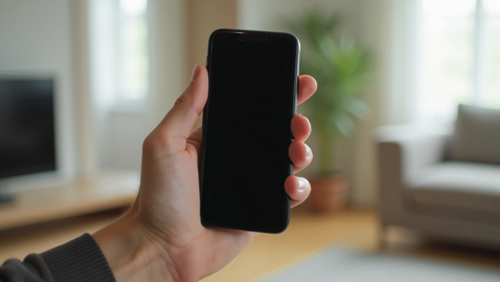 リビングで片手にスマートフォンを持って掲げている手元のクローズアップ