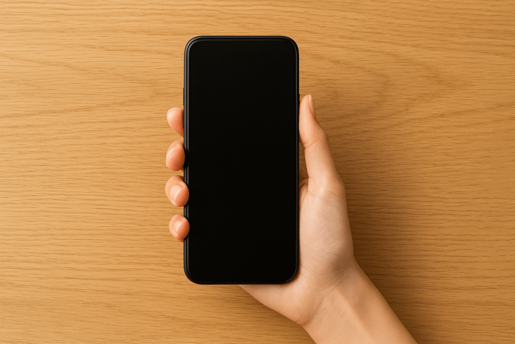 木目のテーブルの上で片手にスマートフォンを持っている様子