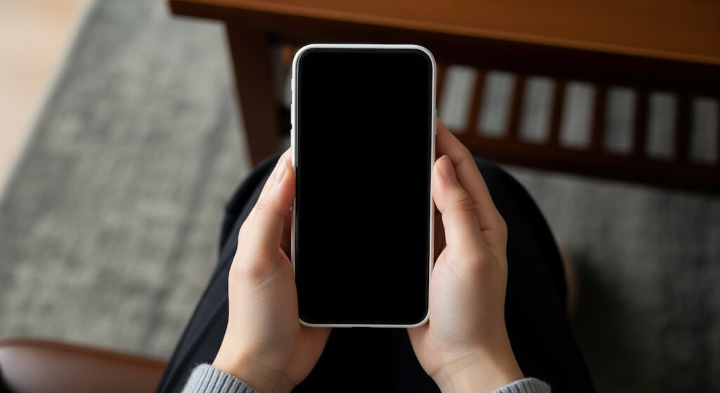 両手でスマートフォンを正面に持ち、画面を見ている手元のアップ