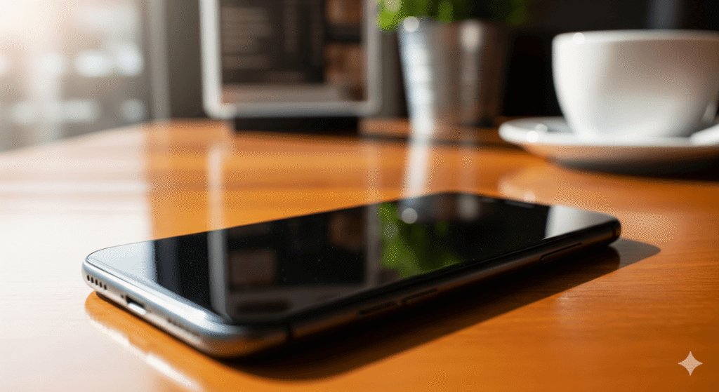 カフェのテーブルにスマートフォンが置かれ、奥に白いコーヒーカップが見えるシーン