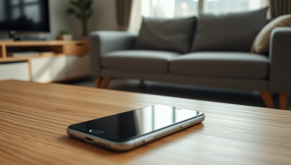 リビングのテーブルに置かれたスマートフォンと背景のソファ
