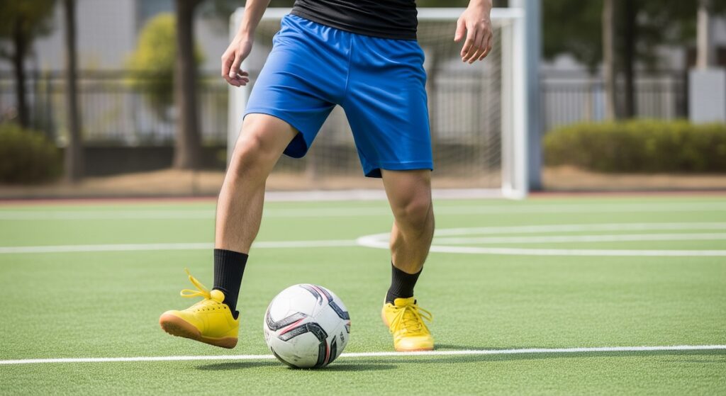 サッカー選手の足元。黄色いシューズでボールをドリブルしている