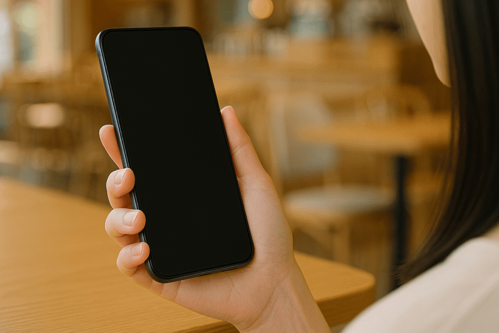 カフェのテーブルで女性が片手にスマートフォンを持ち画面を見ている様子
