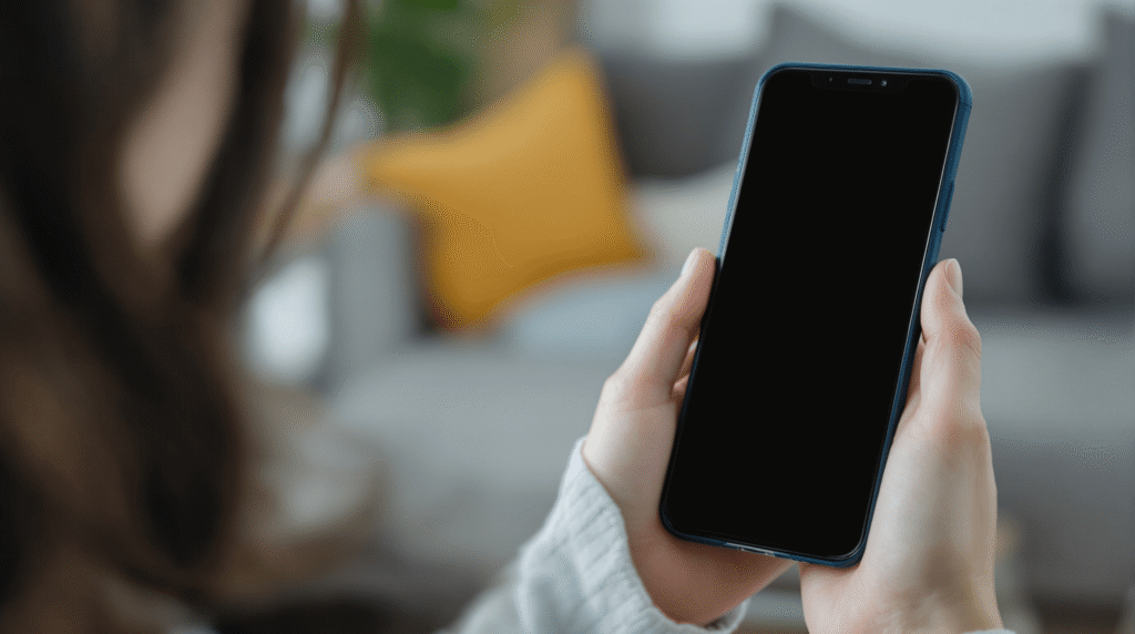 女性が室内で両手にスマートフォンを持って画面を見ている後ろ姿