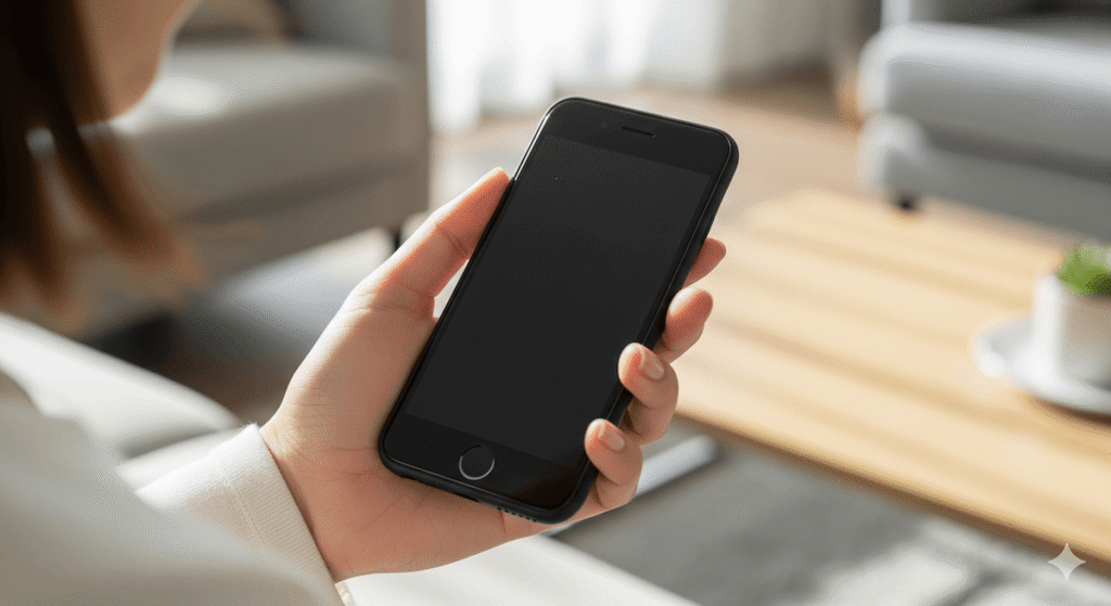女性が片手にスマートフォンを持ち、画面を見ているクローズアップ。背景にテーブルとソファ