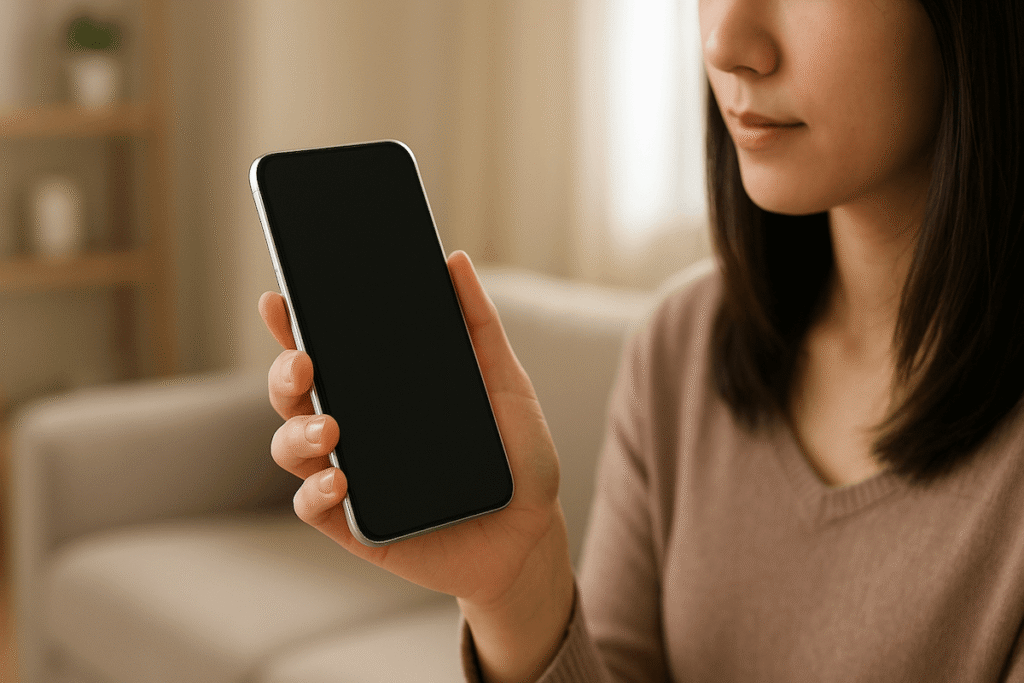 室内で女性が片手にスマートフォンを持って画面を見ている様子
