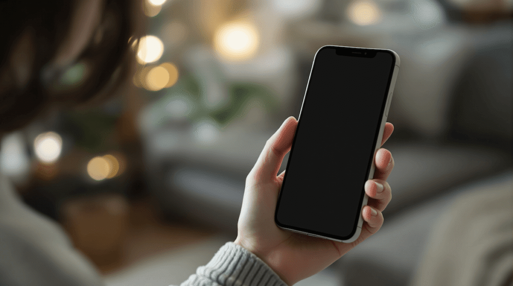 女性が室内で片手にスマートフォンを持っている後ろ姿のイメージ