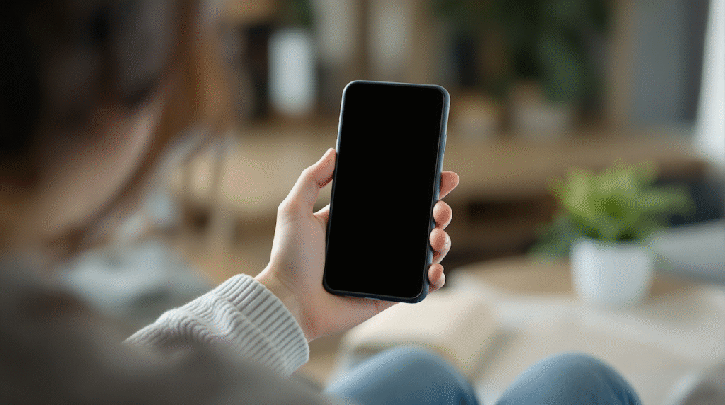 ソファに座る女性が片手でスマートフォンを持っている様子