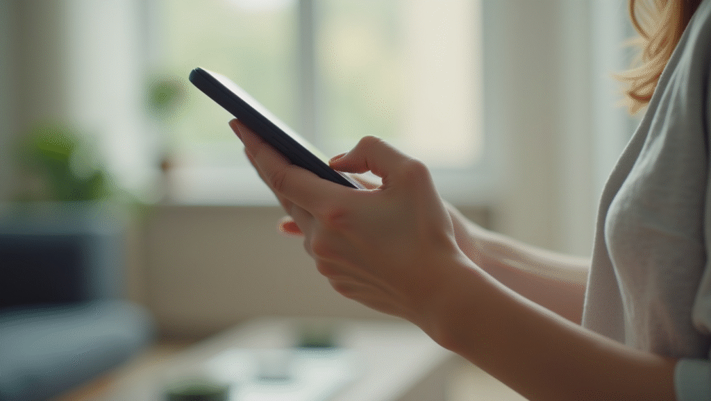 女性が両手でスマートフォンを操作している手元のアップ