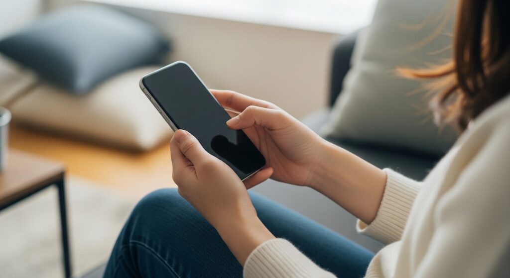 女性がソファに座りながら両手でスマートフォンを操作している横からの構図