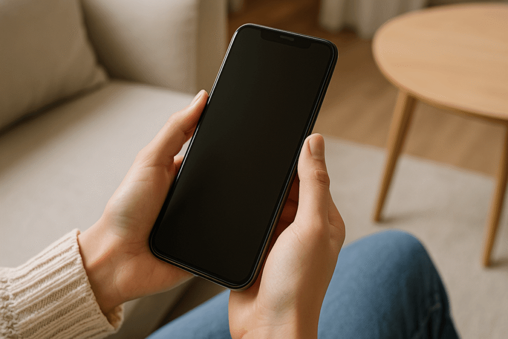 リビングで両手にスマートフォンを持ち画面を見ている様子。背景にソファとテーブル