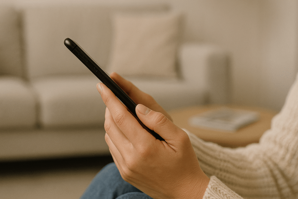 ソファに座る女性が片手でスマートフォンを横から持っている様子。背景にクッションとテーブルがある