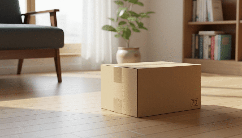 リビングの床に置かれた70サイズの段ボール箱。明るい自然光が差し込み、発送や荷造りシーンをイメージさせる