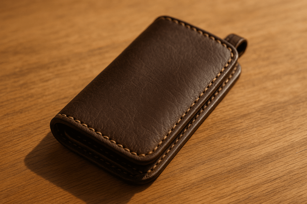 木製デスクの上に置かれた濃いブラウンの本革キーケース。丁寧な縫製と滑らかな革の質感が引き立つアップ写真