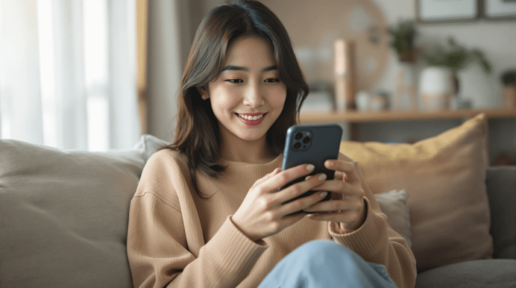 ソファに座りスマートフォンを見て笑顔の日本人女性(リラックス)