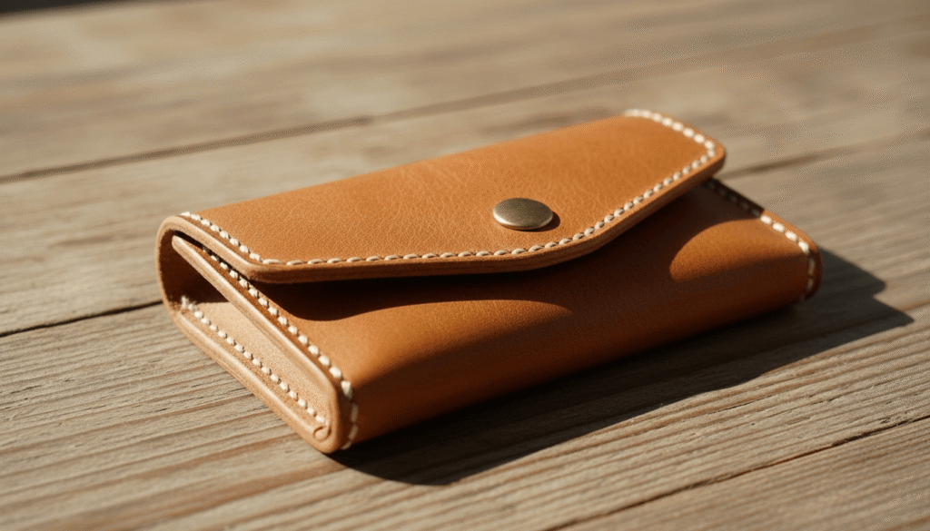 明るい木製テーブルの上に置かれたヌメ革のノーブランドキーケース。自然光で革の質感とステッチが美しく際立つ