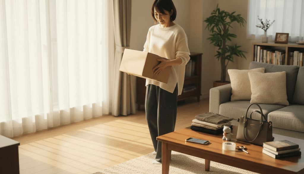 明るいリビングで段ボール箱を持つ女性。柔らかな日差しが差し込み、出品や荷造りのシーンをイメージさせる