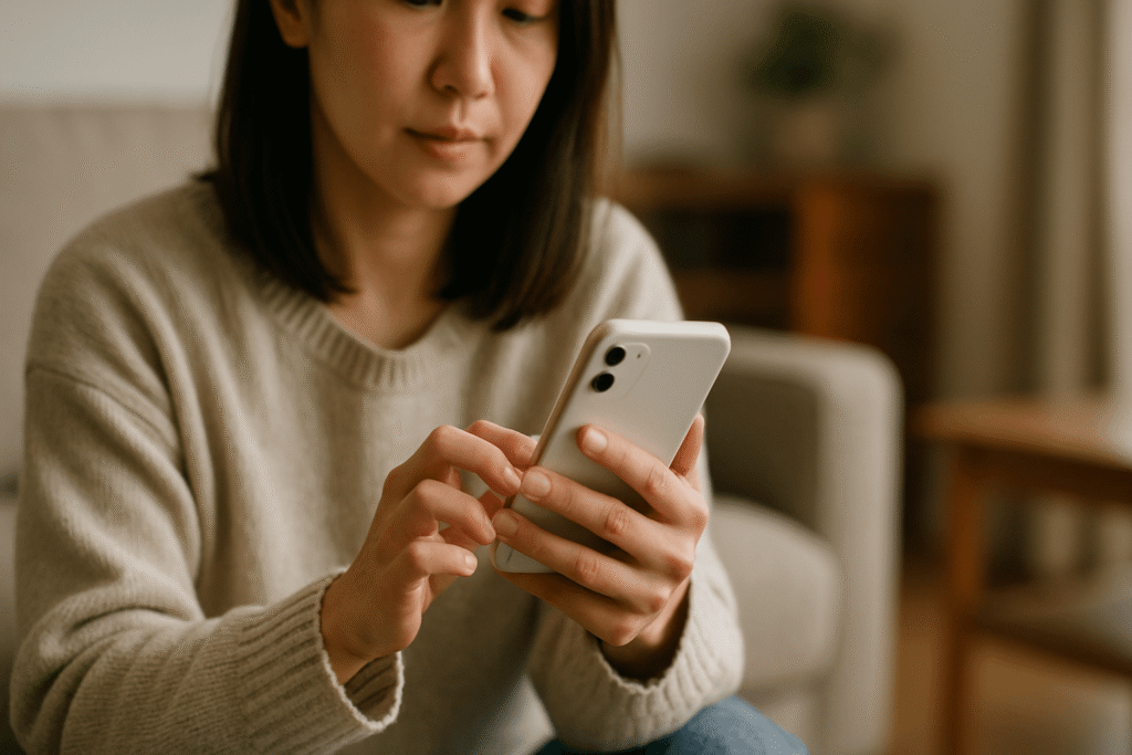 自宅のリビングで、ベージュのセーターを着た女性が白いスマートフォンを両手で持ち、真剣な表情で画面を操作している。