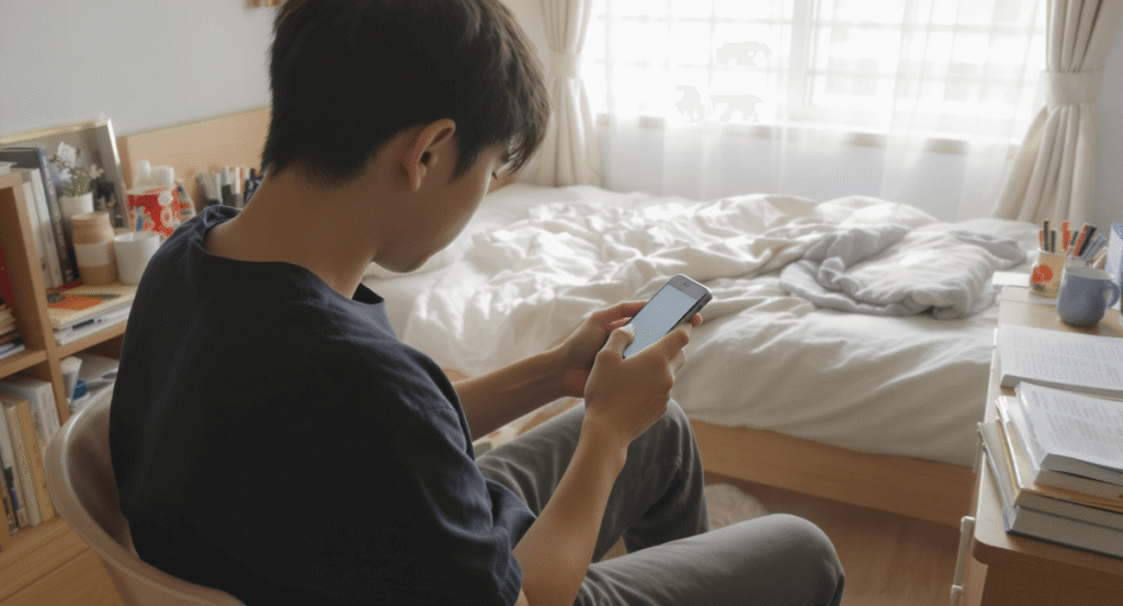 朝の日差しが差し込む部屋で、ベッドのそばに座りスマートフォンを見ている若い男性。机の上には本や文房具が並ぶ