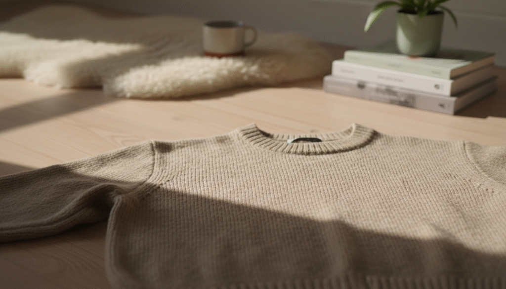 自然光で撮影されたライトベージュのリブニットセーター（やや使用感あり）の置き画