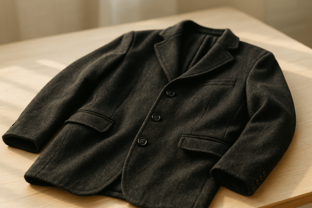 木製テーブルの上に丁寧に置かれた黒のチェスターコート（使用感あり）の商品写真