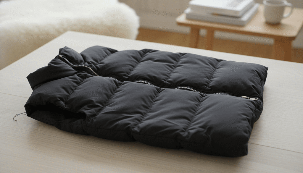 木製テーブルの上に丁寧に置かれた黒のダウンジャケット（使用感あり）の商品写真