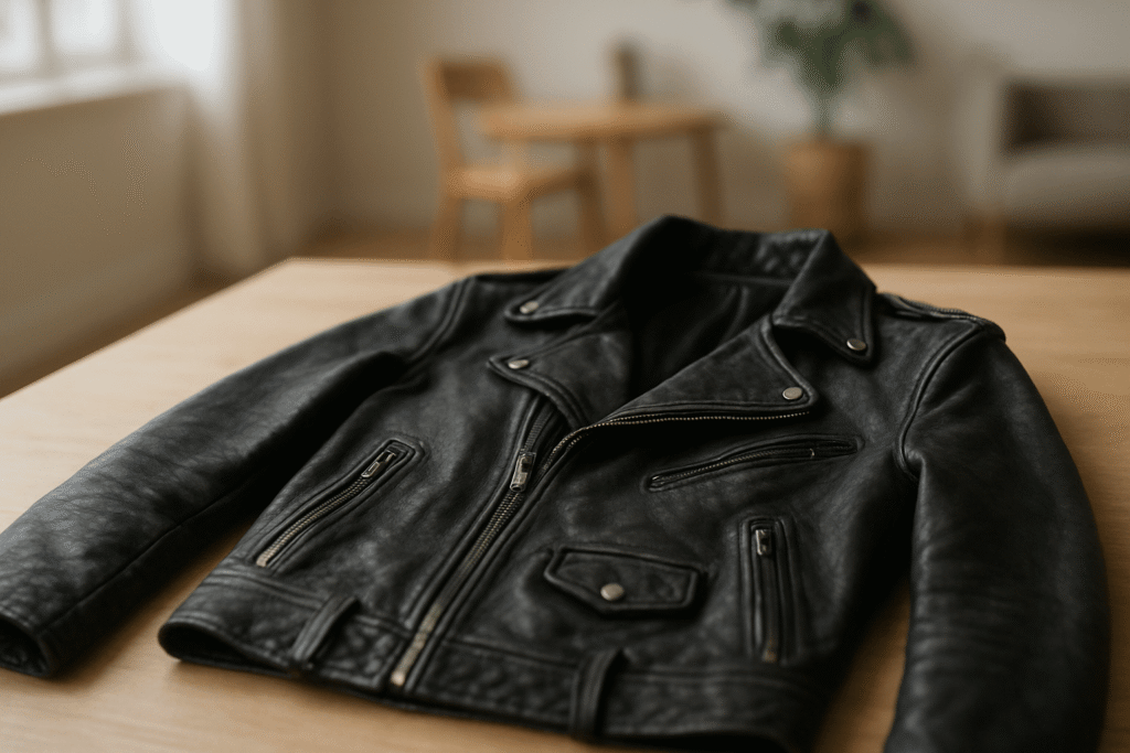 レザーの質感がわかるよう木製テーブル上で撮影された黒のライダースジャケット（やや使用感あり）