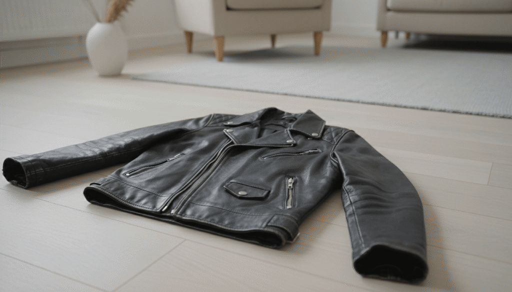 明るい室内の床に置かれた黒のライダースジャケット（使用感あり）の置き画