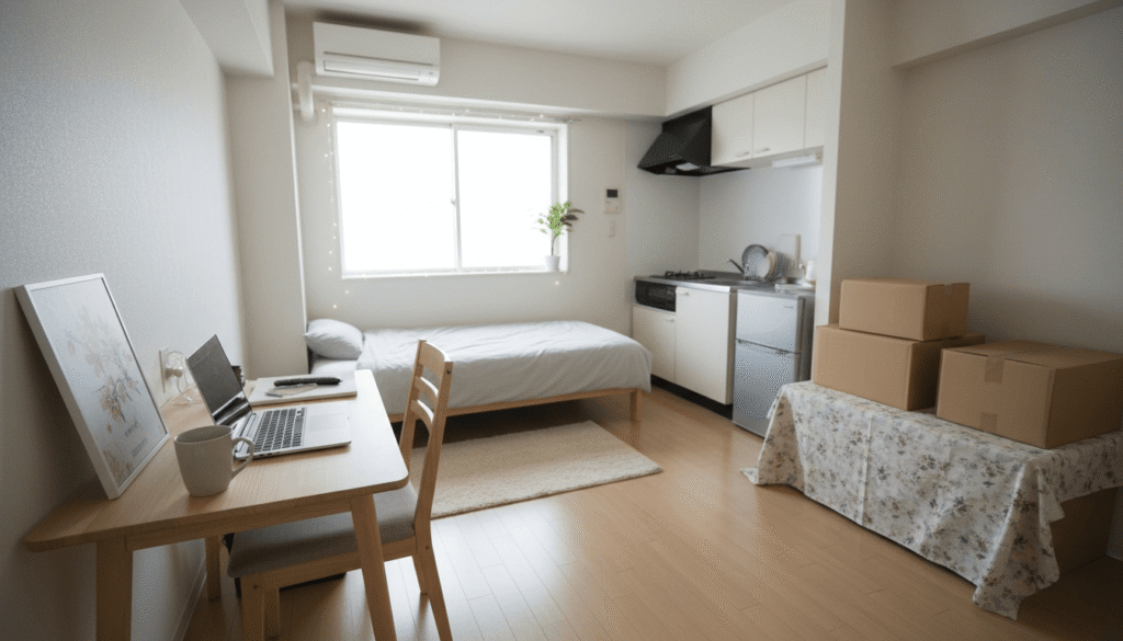 明るいワンルームマンションの室内。机の上にノートパソコンがあり、奥にはベッドと段ボール箱が置かれた引っ越し準備中の様子