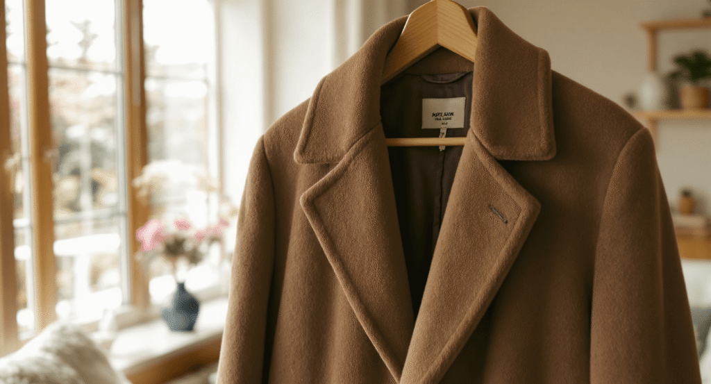 ハンガーに掛けて自然光で撮影されたキャメル色のチェスターコート（やや使用感あり）の写真