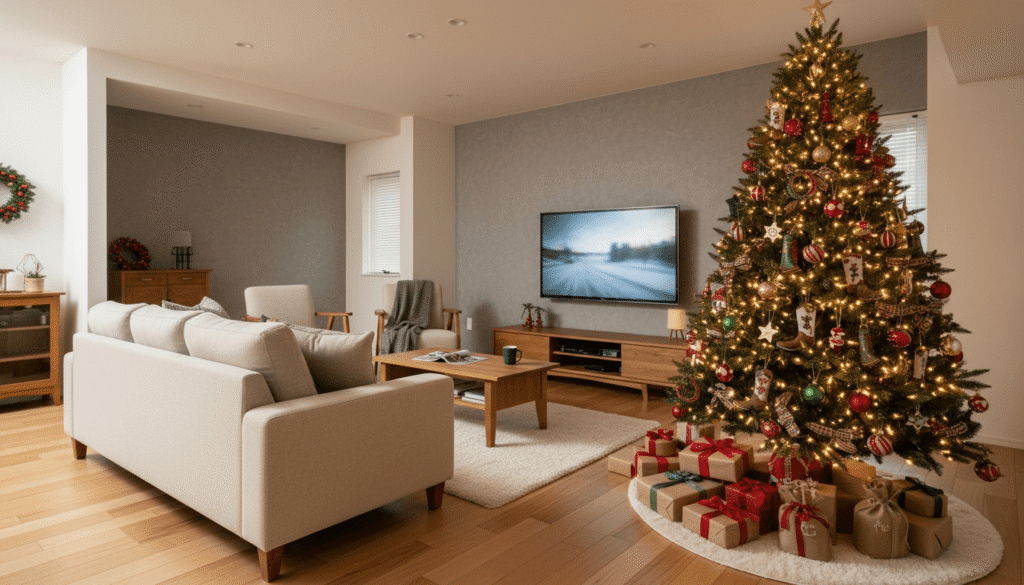 ナチュラルな木製家具のあるリビングに飾られたクリスマスツリー。自然光が入り、落ち着いた北欧風の室内装飾が魅力