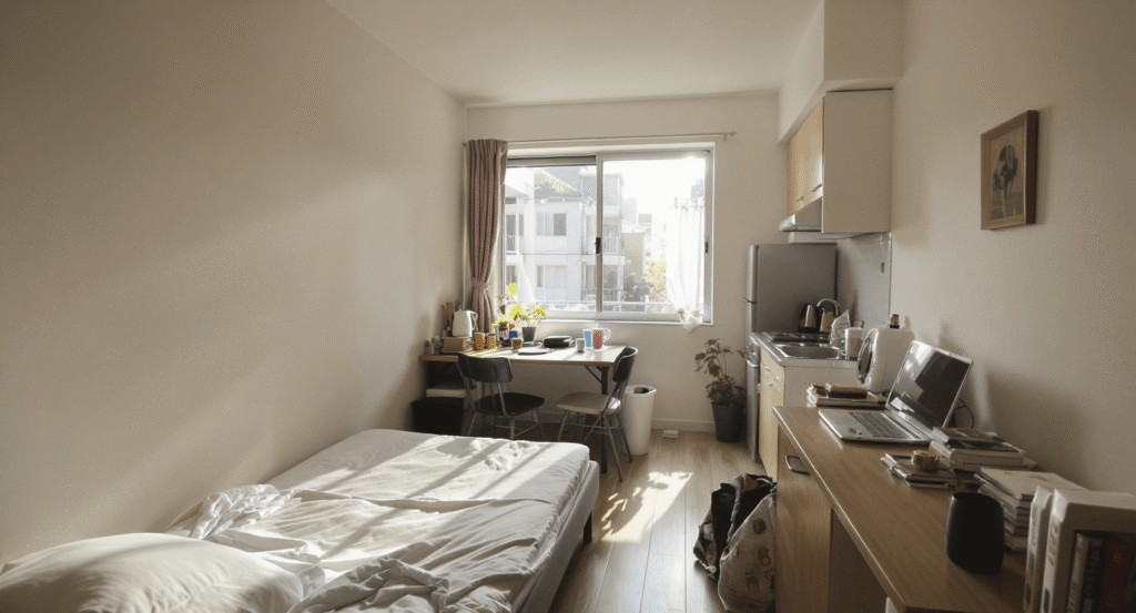 一人暮らしのワンルーム。ベッドやデスク、キッチンがコンパクトに配置され、日常の生活感が感じられる空間