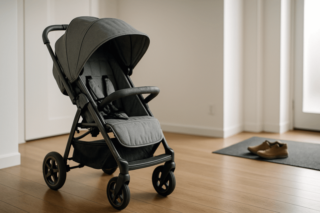 玄関に置かれた黒に近いグレーカラーのベビーカー。木のフローリングとシンプルなインテリアが特徴的