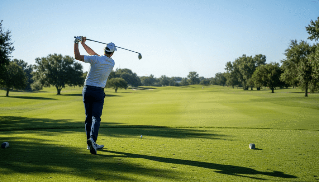 緑のフェアウェイでショットを放つゴルファーの後ろ姿。晴れた日に力強いスイングをする様子