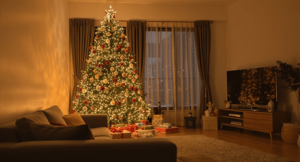 夜のリビングに大きなクリスマスツリーが飾られ、たくさんのプレゼントが並ぶ。暖かな照明と華やかな飾りが印象的