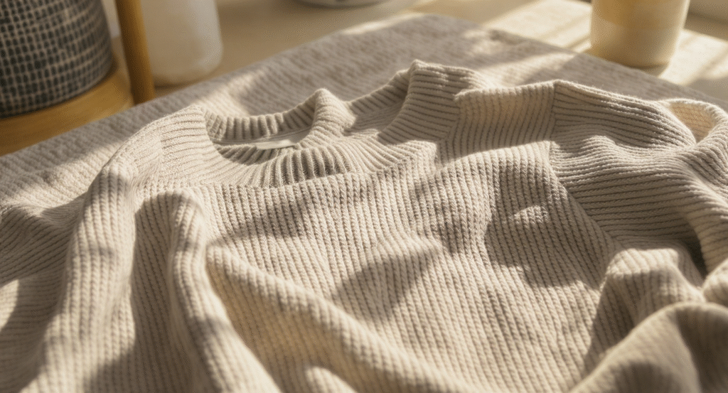 床に広げて撮影されたベージュのニットセーター（やや使用感あり）と柔らかな影のある写真